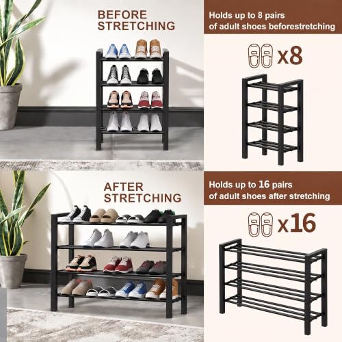 Black 4-Tier Heavy Duty Metal Expandable Shoe Rack for Closet & Doorway