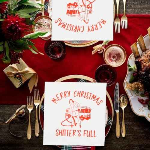 Merry Christ mas Full Napkins, Christmas Holiday Napkins, National Christmas Vacation Decorations, Xmas Vacation Holiday Decorations(5 x 5 In, Red Foil, 50-Pack)