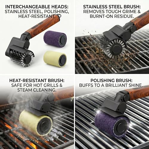 Electric Grill Brush 3-in-1 Kit with Red Wood Coating – Cordless BBQ Cleaner, Safe Metal Bristles, Waterproof & Dishwasher Safe