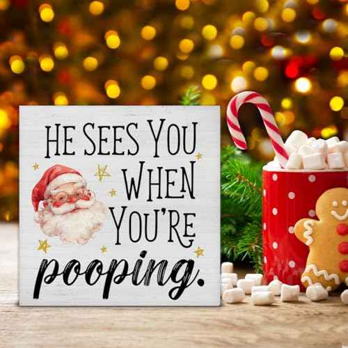 Funny Christmas Decorations, Christmas Bathroom Decor Sign, He Sees You When You're Pooping Wood Sign Rustic Home Bathroom Table Desk Decor (5 x 5 Inches)