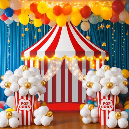 Carnival Party Decorations Set - Red White Circus Tent Backdrop & Balloons