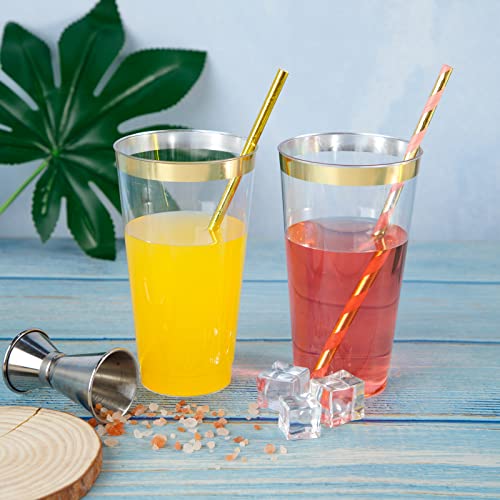 LIYH Gold Rim 16 oz Plastic Cups - Disposable Party & Wedding Beverage Cups (100 Pack)