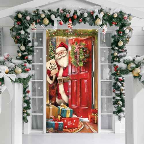 CCINEE Christmas Door Cover Decoration - Xmas Santa Claus Window Door Cover Hanging Banner Background for Front Door Christmas Party Supply