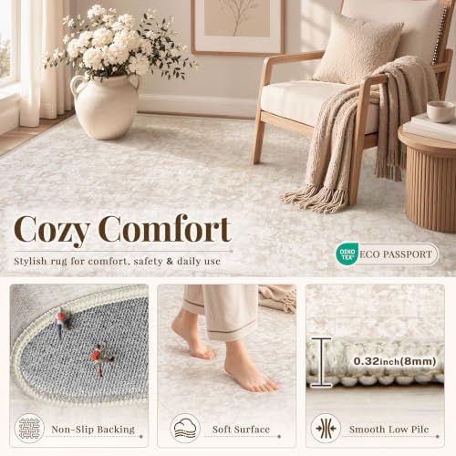 Beige 6'x9' Boho Vintage Washable Non-Slip Area Rug - Soft Stain-Resistant Indoor Carpet for Living Room, Bedroom, Nursery, Office