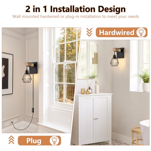 Black Vintage Wall Sconces Set of Two — Wood & Metal Farmhouse Indoor Lighting