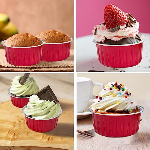 Augoog 100Pcs 5oz Aluminum Cupcake Cups with Lids - Red Bakeware Muffin Liners for Party Catering