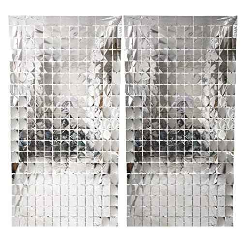 Prudance 2 Pcs Silver Foil Fringe Square Curtain Party Decorations,Sequin Square Curtain Photo Backdrop Props Suitable for Birthday Party Bachelorette Engagement Christmas New Years Decor 3.3 x 6.6 Ft