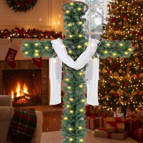 Classic 5ft Lighted Christmas Cross Tree with Crown & Scarf - Faith Decor