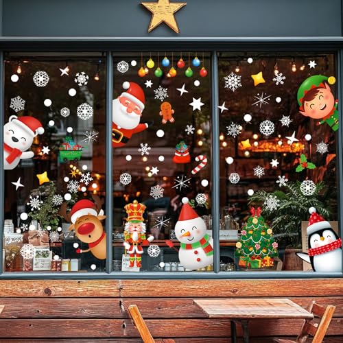 9 Sheets 200+Pcs Christmas Window Stickers Xmas Decals for Glass Snowflake Santa Claus Reindeer Christm Tree Window Cling Sticker for Decorations