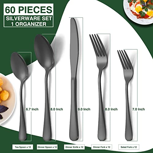 Black Flatware Set for 12 with Organizer - 60-Piece Stainless Steel Cutlery