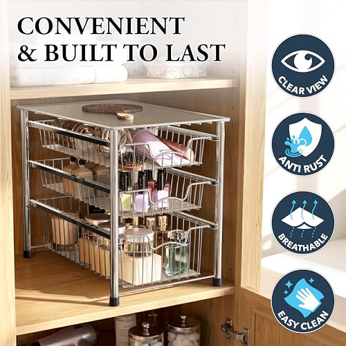 Simple Houseware 3-Tier Stackable Sliding Basket Organizer Drawer, Chrome