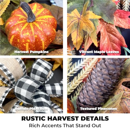 24 Inch Fall Front Door Wreath with Buffalo Check Bow & Maple Leaves | Autumn Farmhouse Decor
