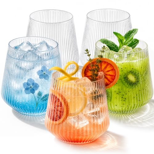 Clear Ribbed Plastic Wine Glasses 12 Oz - Disposable Cocktail Cups - 40 Pack