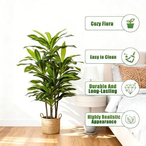 CyanZen 4ft Artificial Dracaena Tree - Large Indoor Faux Plant with Realistic Leaves