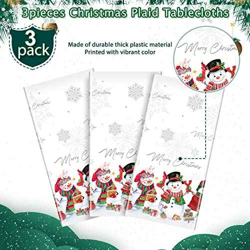 FunnyPars 3Pcs Christmas Snowman Tablecloth,Plastic Christmas Snowman Snowflake Winter Table Cover with Xmas Tree for Winter Holiday Themed Party Decorations and Supplies,54x 108inch£¨White£©