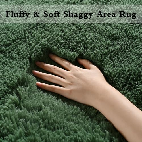 Dark Green 8x10 Plush Shaggy Rug for Living Room & Bedroom - Non-Slip, Machine Washable
