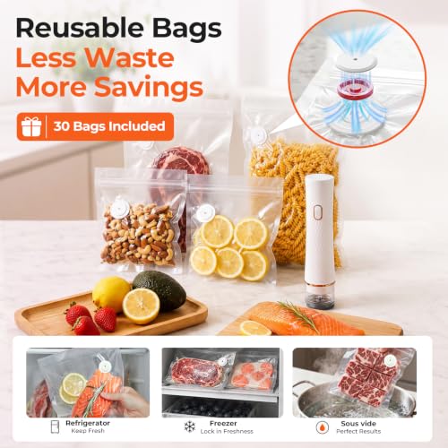 Handheld Food Vacuum Sealer with 30 Reusable Bags - Compact & Rechargeable