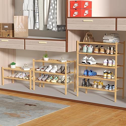 4-Tier Bamboo Shoe Rack for Entryway - Stackable Closet Organizer, Natural Finish