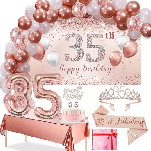 Trgowaul 21st Birthday Decorations for her, Rose Gold 21 Birthday Banner, Tablecloth, 21st Birthday Sash and Crown, 1PC 21st Cake Topper, Pink 21 Number Balloons Happy 21 Birthday Decorations Women