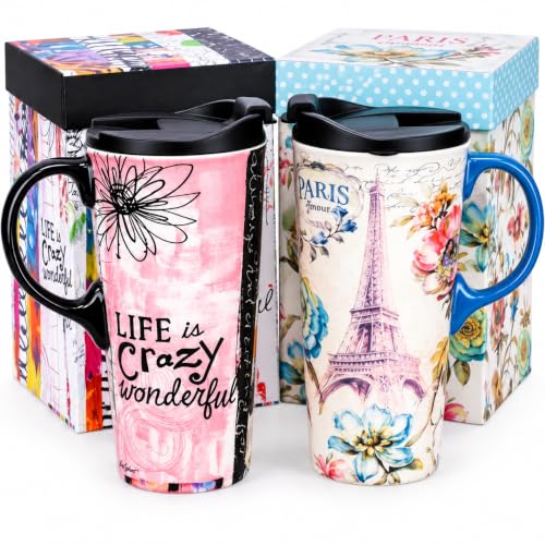 Topadorn 2 Pack Ceramic Travel Mug Set, 17oz Floral Cup, Gift for