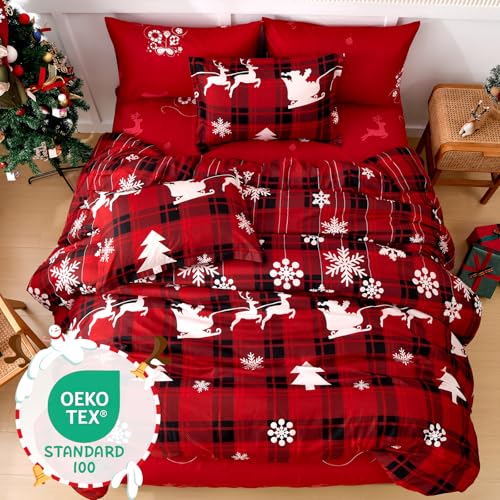 Luxudecor Christmas Queen Comforter Set 7 Pieces, Red Buffalo Plaid