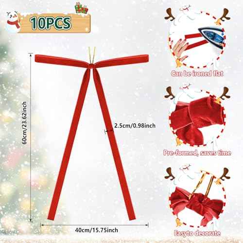 Draupnir 10 Pcs Long Velvet Bows Ornaments, Velvet Christmas Swag Bow for Christmas Tree Garland Swag Staircase Wreath, Large Bow for Christmas Indoor Outdoor Decoration(23.62x15.75 inch)
