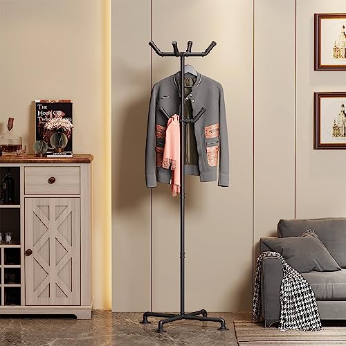 Black Industrial Coat Rack with 6 Hooks - Freestanding Metal Pipe Stand