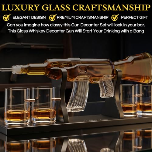 The Wine Savant Luxury AK47 Gun Decanter & Bullet Glasses Set - Whiskey, Bourbon, Tequila Gift for Men & Dad