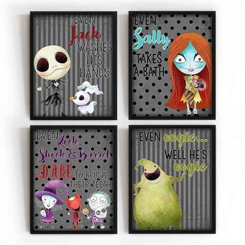 Silly Goose Gifts Character Themed Bathroom Wall Art Print Set - Even A Nightmare Will Brush Teeth Take A Bath Wash Hands- Funny Jack Bath Reminder Picture Decor