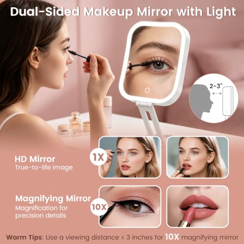 Travel Makeup Mirror with Lights 10X Magnification Foldable Dual-Side LED