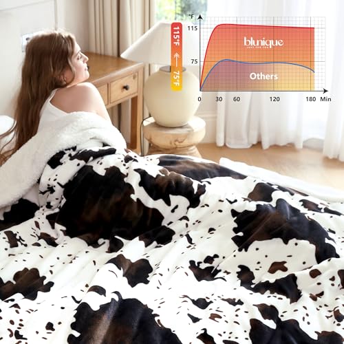Electric Heated Blanket Queen with 10 Heat Settings & Cow Print, Fast Warm Throw - Black Ombre White, 84" x 90"
