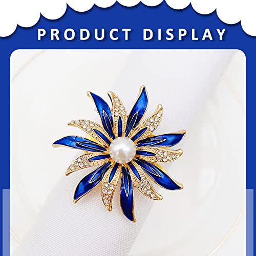 Blue Rhinestone Flower Napkin Rings Set of 6 for Wedding & Party Decor