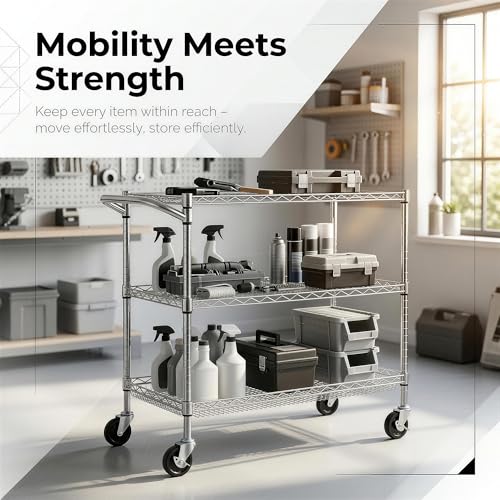 Finnhomy Chrome 3-Tier Heavy Duty Utility Cart 30"L x 18"W x 32.4"H with Handle, NSF Listed