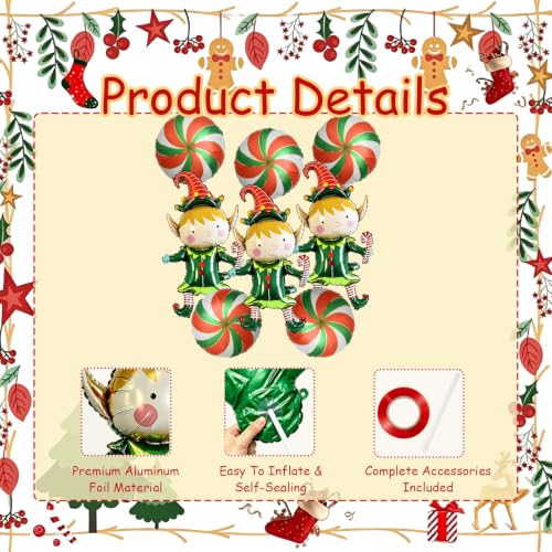 8Pcs Christmas Elf & Candy Balloons Set - Holiday Party Decorations