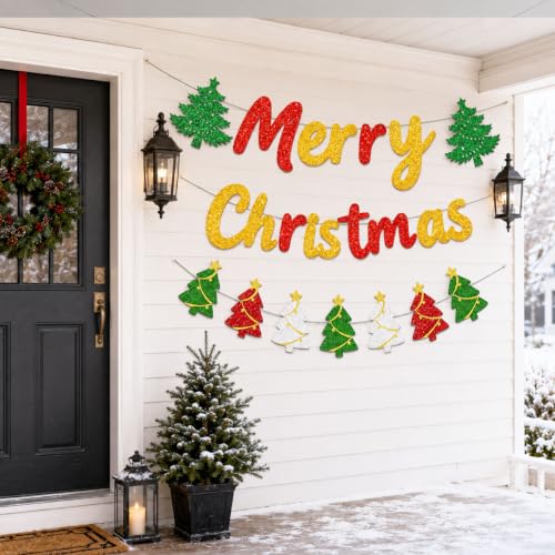 Merry Christmas Banner Set with Glitter Letter & Tree Garlands - DIY Xmas Decor