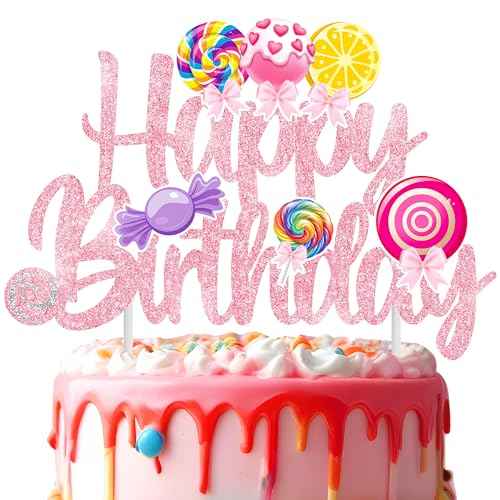 Candy Birthday Cake Topper Lollipop Birthday Party Supplies Pink Glitter Candyland Birthday Cake Decorations for Girl Candy Theme Baby Shower Birthday Party Supplies
