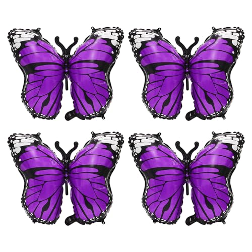Purple Charming 4 Pack Butterfly Party Balloons, 28 Inches Girls Fairy Wings Butterfly Themed Helium Foil Aluminum Balloon For Wedding, Baby Shower, Birthday Party Decorations