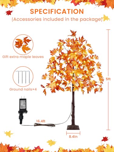 MapleTree 2Pack 5FT Artificial Fall Trees with LED Lights, Outdoor/Indoor Decor