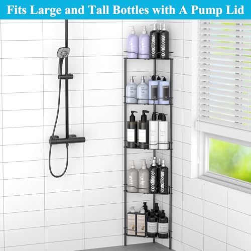 HuggieGems 5-Tier Black Corner Shower Caddy Organizer Stand with Hooks