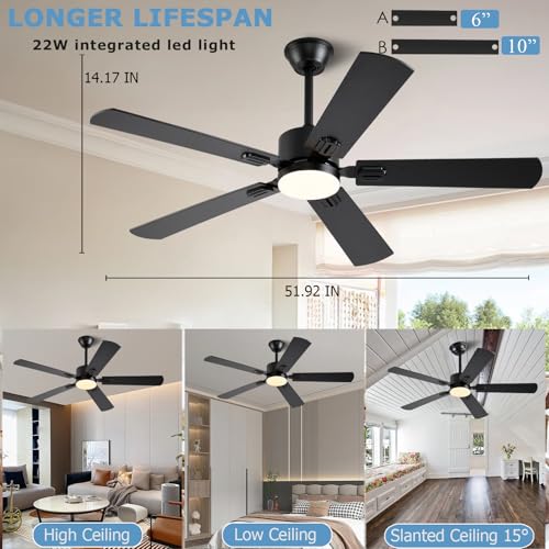 FUMLTP 52-Inch Black Ceiling Fan with Lights Remote & App Control