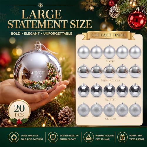 Hollowfly 20-Piece 4in Silver Christmas Ball Ornaments Bulk (Silver Finish, Matte/Gloss/Glitter/Diamond)