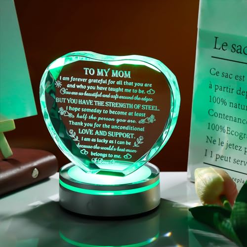 Movdyka Heart-Shaped Crystal Keepsake with LED Base - Mom Gift for Mother's Day
