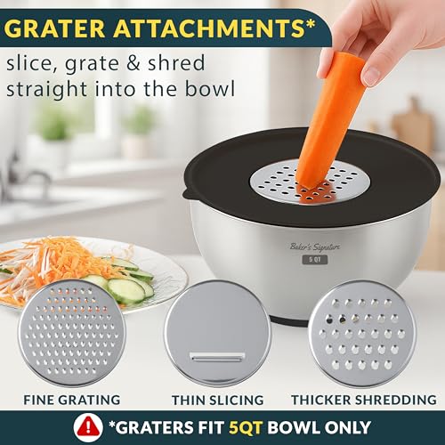 Black Stainless Steel Mixing Bowls Set of 5 with Lids & 3 Graters - Durable Kitchen Prep