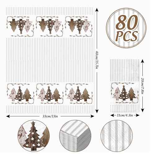 80 Pack Merry Christmas Guest Napkins Brown Grey Striped Christmas Tree Disposable Paper Napkin Xmas Holiday Party Dinner Decor Hand Napkin Towel for Home Kitchen Bathroom, 13 x 15.7 Inch