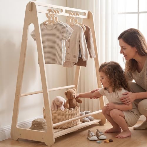Kids Wooden Clothing Rack with 6 Hangers - Montessori Toddler Wardrobe