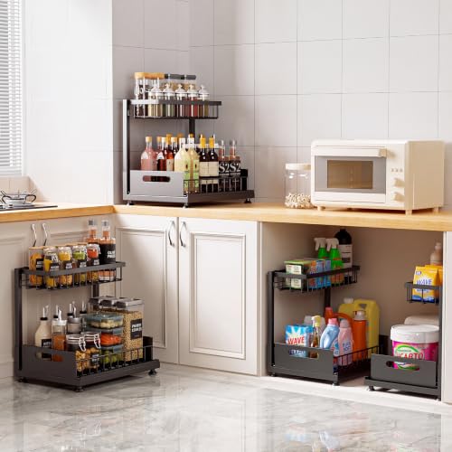 Saydear 2-Pack Black L-Shaped Under Sink Organizer with Pull-Out Drawers