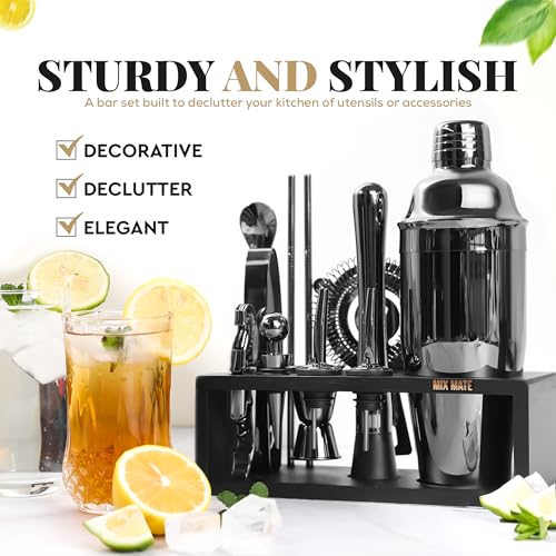 Black Stainless Steel Cocktail Shaker Set with Wood Stand - 15 Piece Bartender Kit - Gun Metal/Black