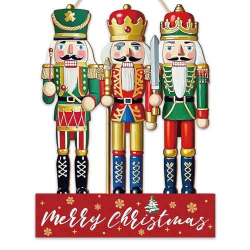 Whaline Christmas Wooden Door Sign Cartoon Nutcracker Soldier Hanging Sign Xmas Decorative Door Hanger for Holiday Indoor Outdoor Porch Wall Decor
