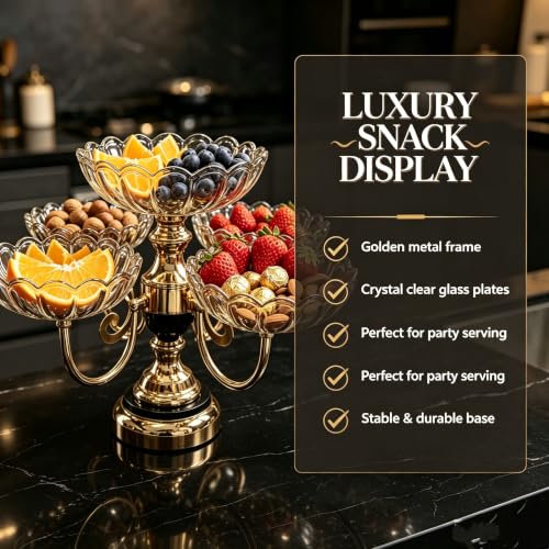 Rotatable 5 Plate Amber Glass Fruit Serving Stand with Gold Metal Frame