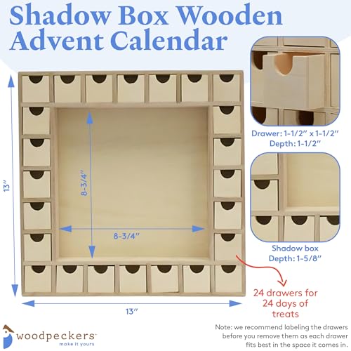 Woodpeckers 2024 Wooden Advent Calendar Shadow Box, 13x13 Inch, Empty Craft Christmas Decor